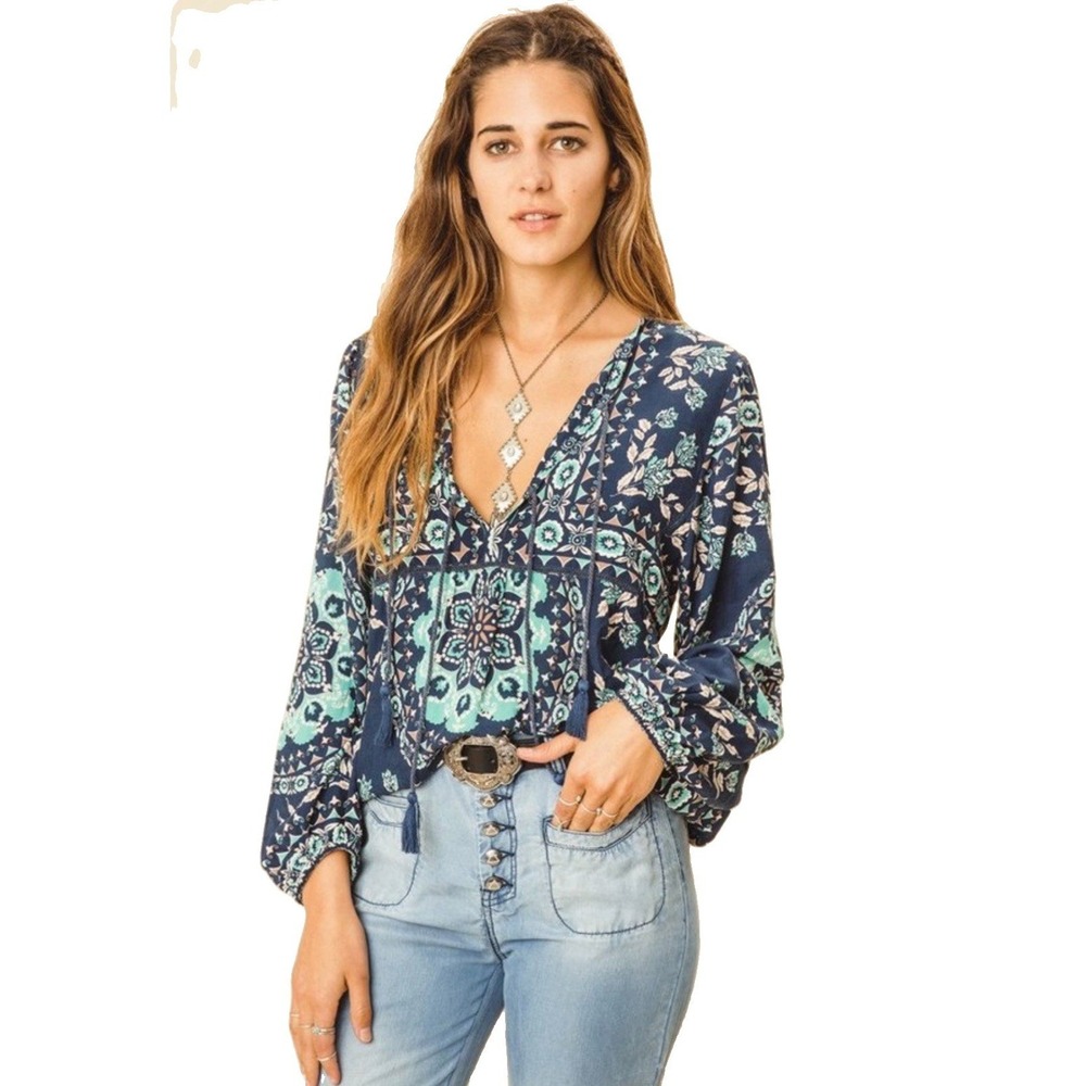 Spell & the Gypsy Collective Pandora Blouse Top Night Garden XS Blue Tie Boho